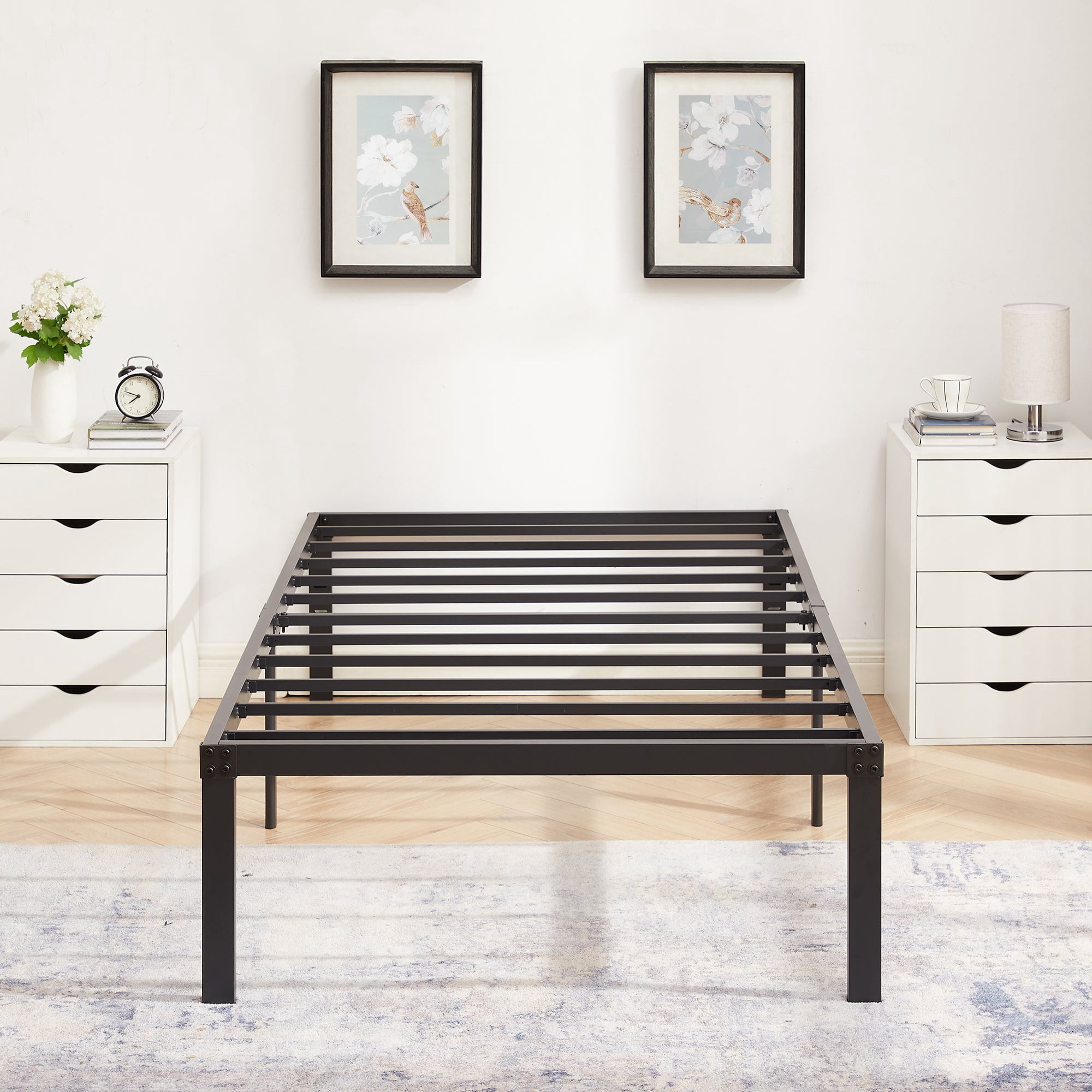 VECELO 16" Twin Size Metal Platform Bed Frame, Heavy Duty Steel Slat/Mattress Foundation, No Box Spring Needed, Black