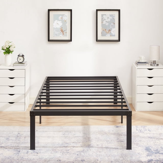 VECELO 16" Twin Size Metal Platform Bed Frame, Heavy Duty Steel Slat/Mattress Foundation, No Box Spring Needed, Black