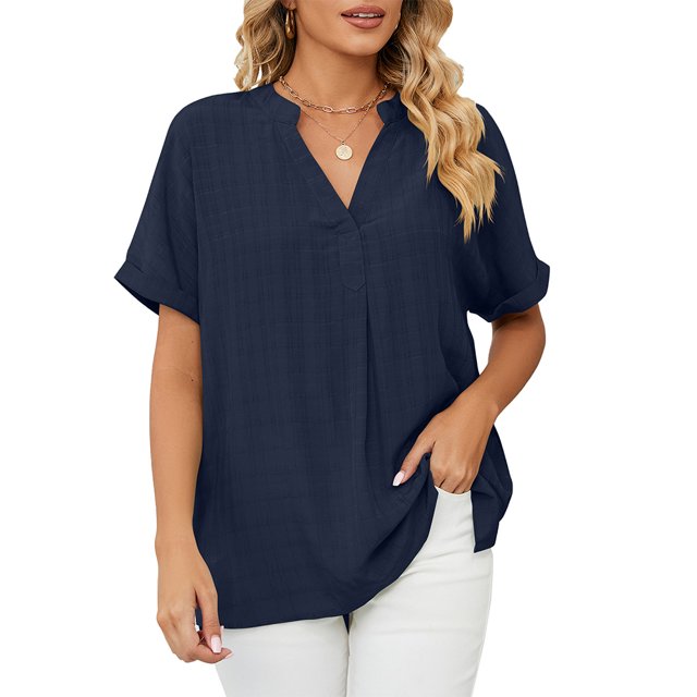 FJUCHAI Womens Shirts V Neck Short Sleeve Buttons Tops Tee Solid Color Blouse Loose Fit S-XXL
