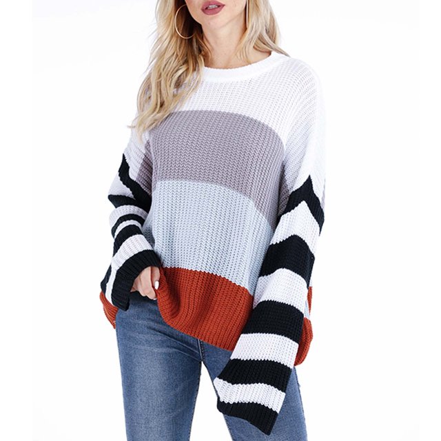 RKSTN Sweaters for Women Fashion Long Sleeves Round Neck Color Matching Loose Tops Blouse Knitted Sweater Fall Sweaters