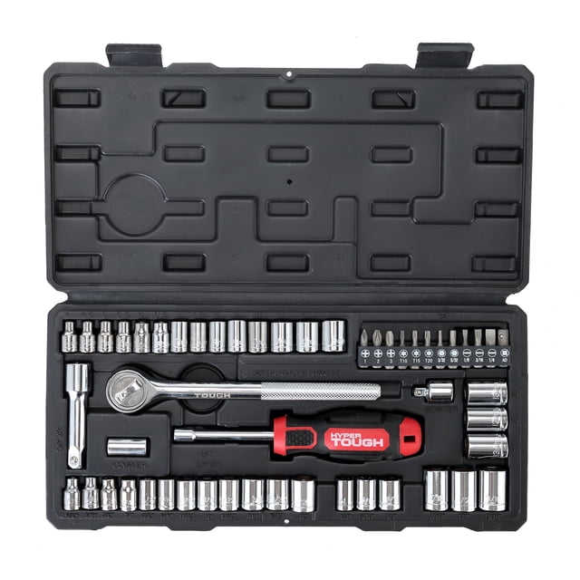 Hyper Tough 54 Piece Socket Set in a black molded case with polished chrome 3/8-inch drive ratchet, red and black reversible screwdriver handle, 1/4-inch and 3/8-inch drive Metric and SAE sockets, extension bars, bit adapter, and specialty bits, suitable for hand tool storage and quick auto or home repairs.