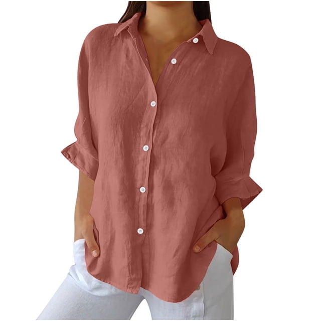 RKSTN Hauts pour Femmes Couleur Unie Coton et Lin Col Rabattu Chemises à Manches Longues Blouses Décontractées Printemps Été Polyvalentes Amples Grande Taille Hauts pour Femmes