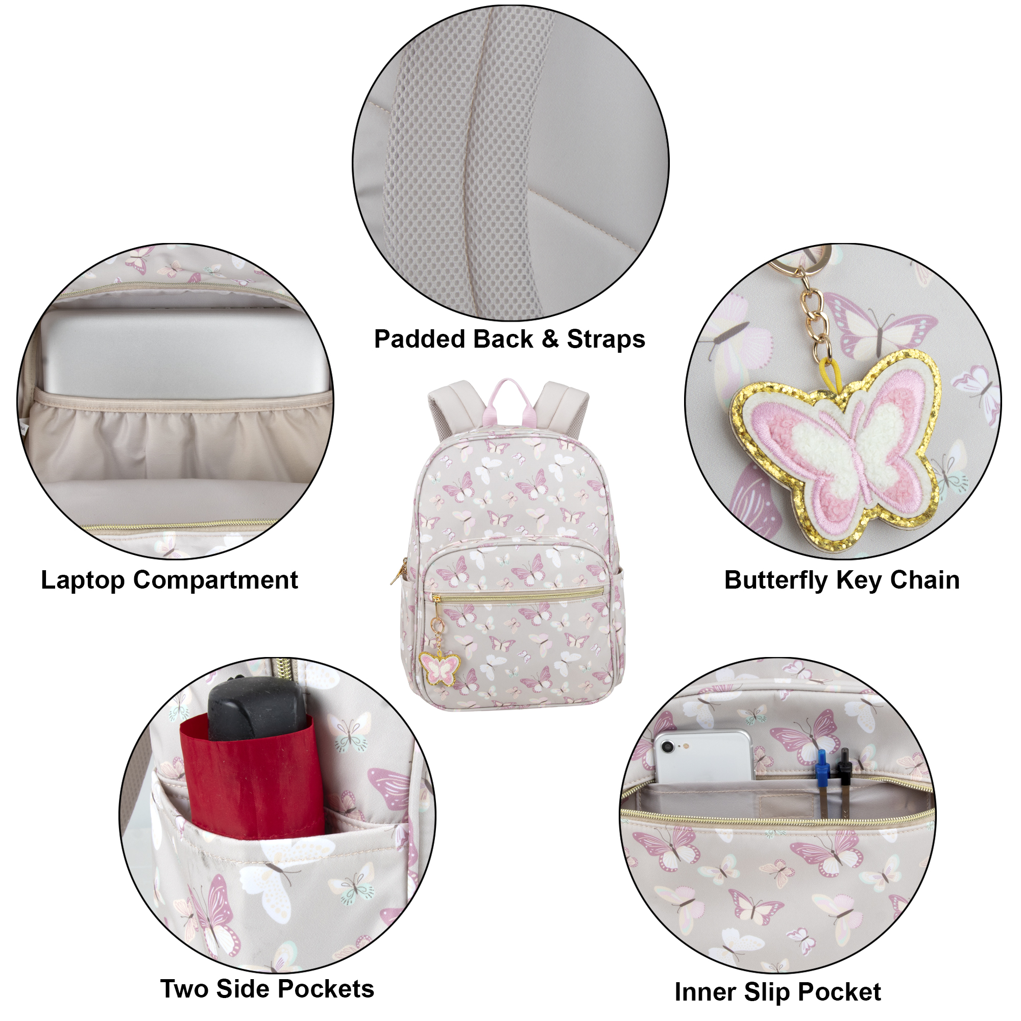 Sac à dos Madison & Dakota beige papillon, 17 pouces