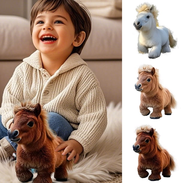 NICOO - Mon Poney Robot Réaliste, Jouet Poney en Peluche Interactif Qui Marche et Remue pour Enfants, Brun