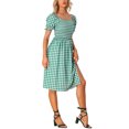 thumbnail image 4 of INSPIRE CHIC Robe Smockée pour Femme à Carreaux Vichy, Encolure Carrée, Manches Courtes, Décontractée, Vert P, 4 of 5