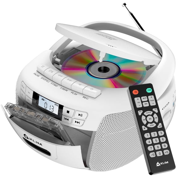 KLIM CD Player & Cassette Tape Player, Bluetooth Boombox, AM/FM Radio, Stereo Sound, Remote, CD and Cassette Combo, Tape Recording, USB Drive, AUX, A