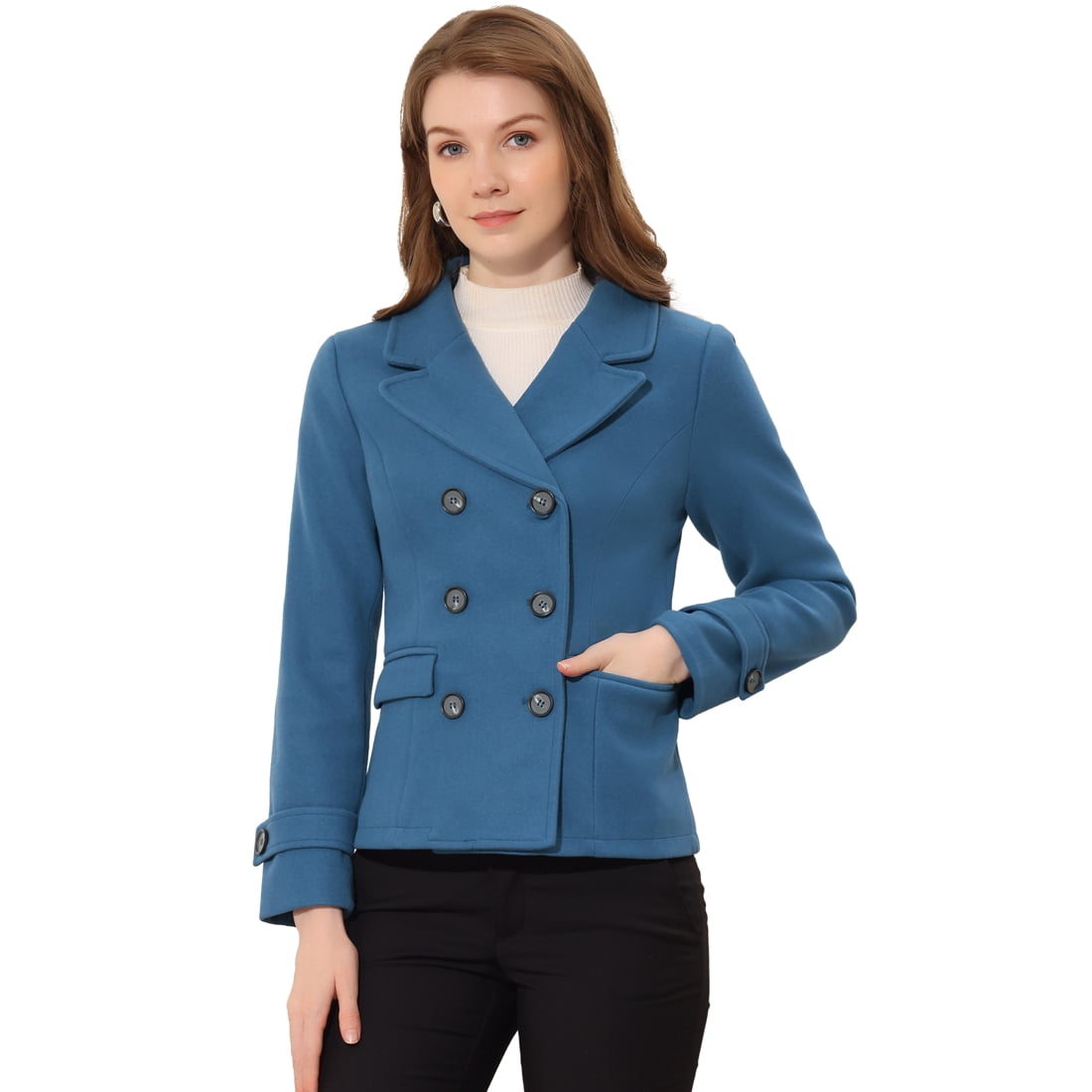 INSPIRE CHIC Women's Notched Lapel Double Breasted Pea Coat Blue L