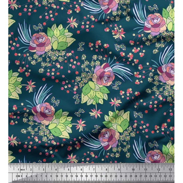 Soimoi Rayon Fabric Leaves,Berries & Rose Floral Decor Fabric Printed Yard 56 Inch Wide