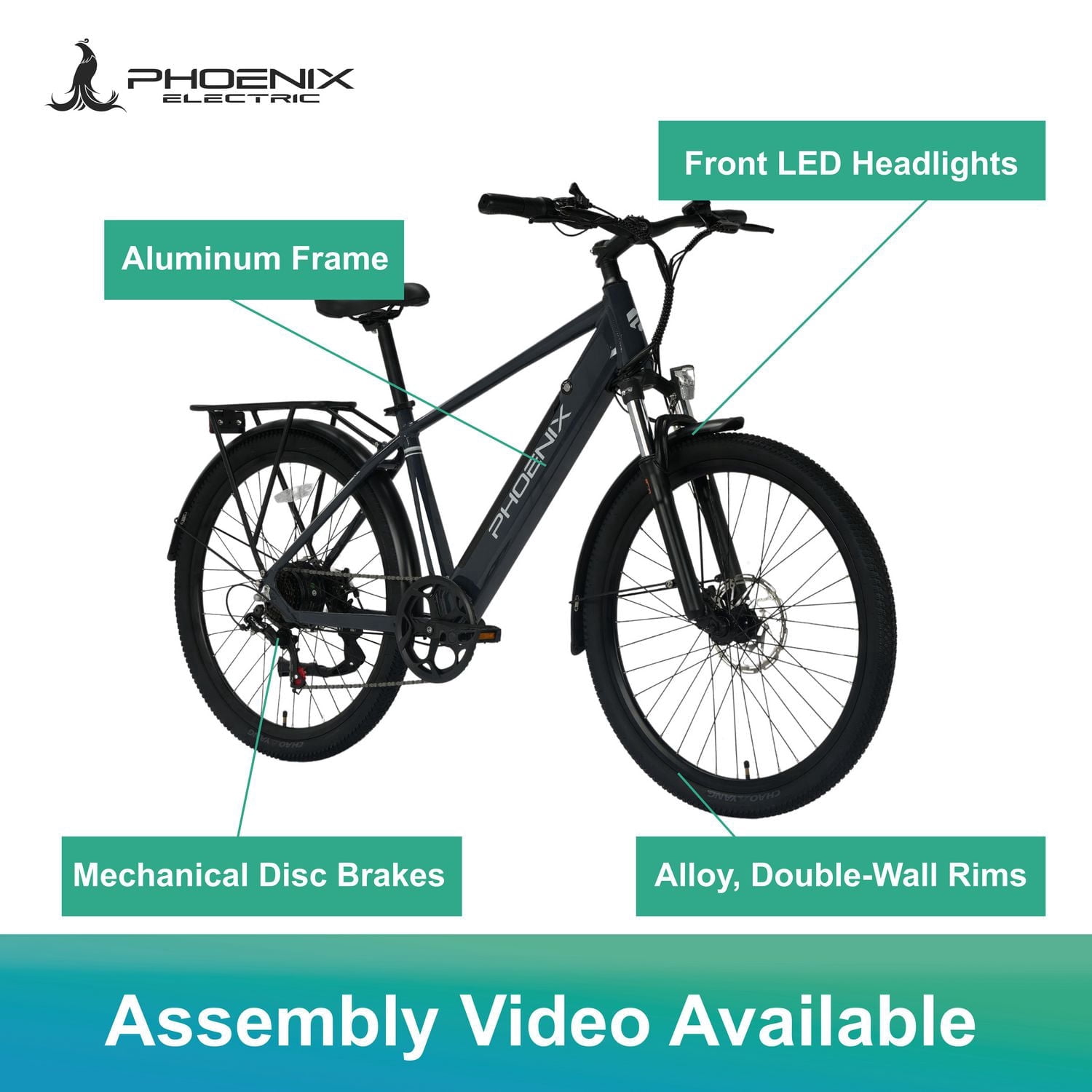 Phoenix Step-Over 27,5 po Suspension Avant Vélo Électrique Adulte 350W 36V/10,4Ah Shimano 7 Vitesses Freins à Disques Certifié UL2271/UL2849, Autonomie : 25 à 40 Miles