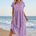 thumbnail image 2 of justHIGH Robe Midi en Coton et Lin pour Femme 2026 Été à Manches Courtes Décontractée Robes Plissées Ligne A Robe de Plage avec Poches Violet, TG, 2 of 7
