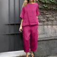 thumbnail image 4 of Timegard Ensemble 2 Pcs Grande Taille pour Femmes Manches 1/2 Col Rond Hauts Décontractés Amples Pantalons Raccourcis avec Poches Ensembles, 4 of 7