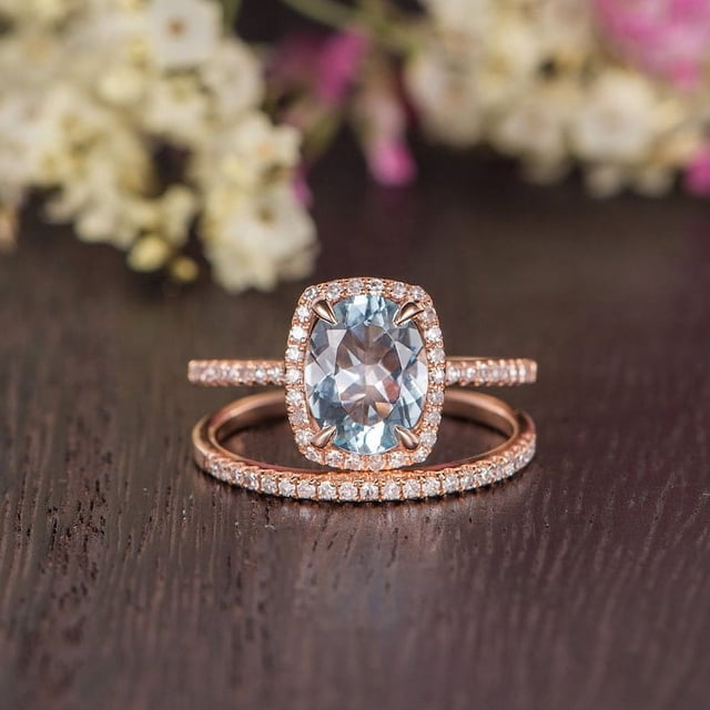 Natural Aquamarine Engagement Ring 2pcs Bridal Wedding Ring Set Unique Gold Plated Silver Band Moissanite Accented Ring March Birthstone Ring
