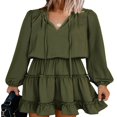 thumbnail image 1 of Femmes Mini Robe à Manches Longues Laçage Solide Plissée Robe d'Été d'Été pour Tous les Jours, 1 of 7