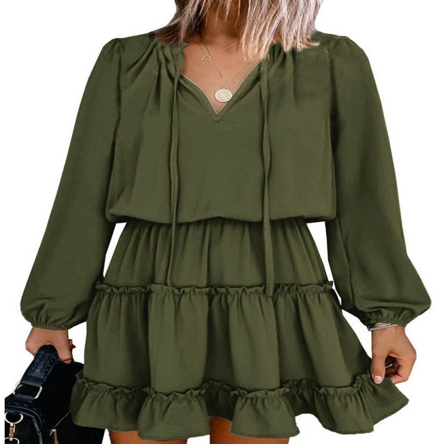 Femmes Mini Robe à Manches Longues Laçage Solide Plissée Robe d'Été d'Été pour Tous les Jours