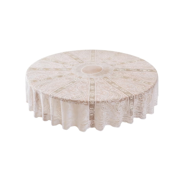 White Round Tablecloth Polyester Sheer Lace Embroidered with Hollowed-out Non-slip Design for Dining Tables 185 cm