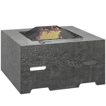 Outsunny Square Fire Pit with Fire Poker, Fireplace with Mesh Lid, Grey