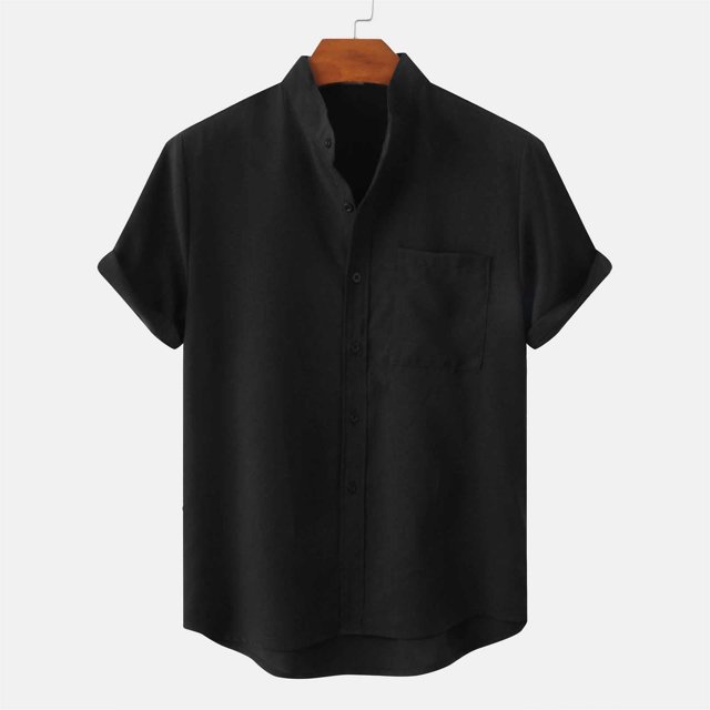 Babysbule Mens Shirts Clearance Men's Round Neck Pocket Button Solid Cotton Linen Short Sleeve Shirt