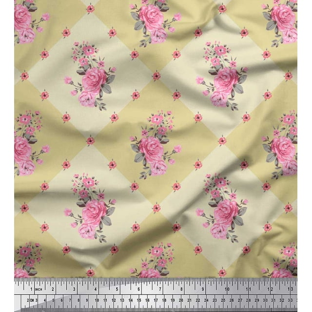 Soimoi Rayon Crepe Fabric Leaves, & Rose Floral Decor Fabric Printed Yard 46 Inch Wide