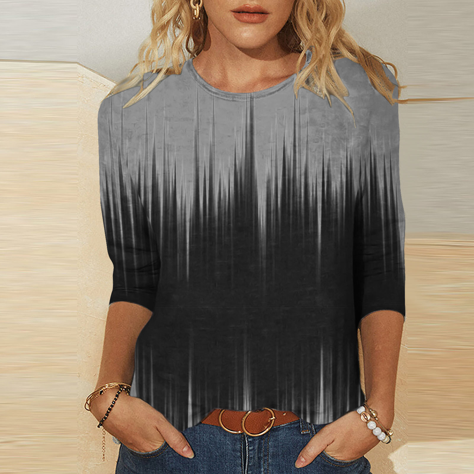 Xihbxyly Hauts Grande Taille pour Femmes Manches 3/4 T-shirt Décontracté Imprimé Col Rond Manches 3/4 Haut Ample