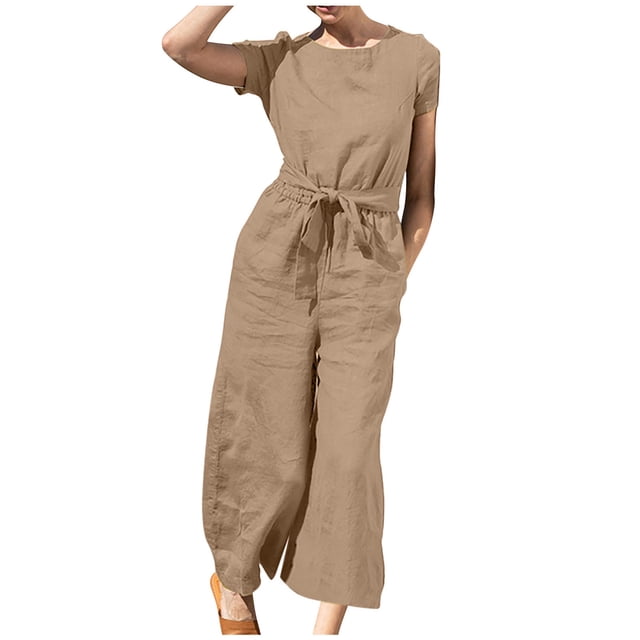 Yuyuzo Women Cotton Linen Jumpsuits Summer One-Piece Outfits Short Sleeve Wide Leg Long Pants Rompers
