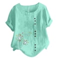 thumbnail image 1 of CHOK Mchoice Chemises pour Femmes 2024 à Manches Courtes Décontractées Hauts Grande Taille Col Rond Imprimé Ample Blouse en Coton et Lin à Boutons, 1 of 5