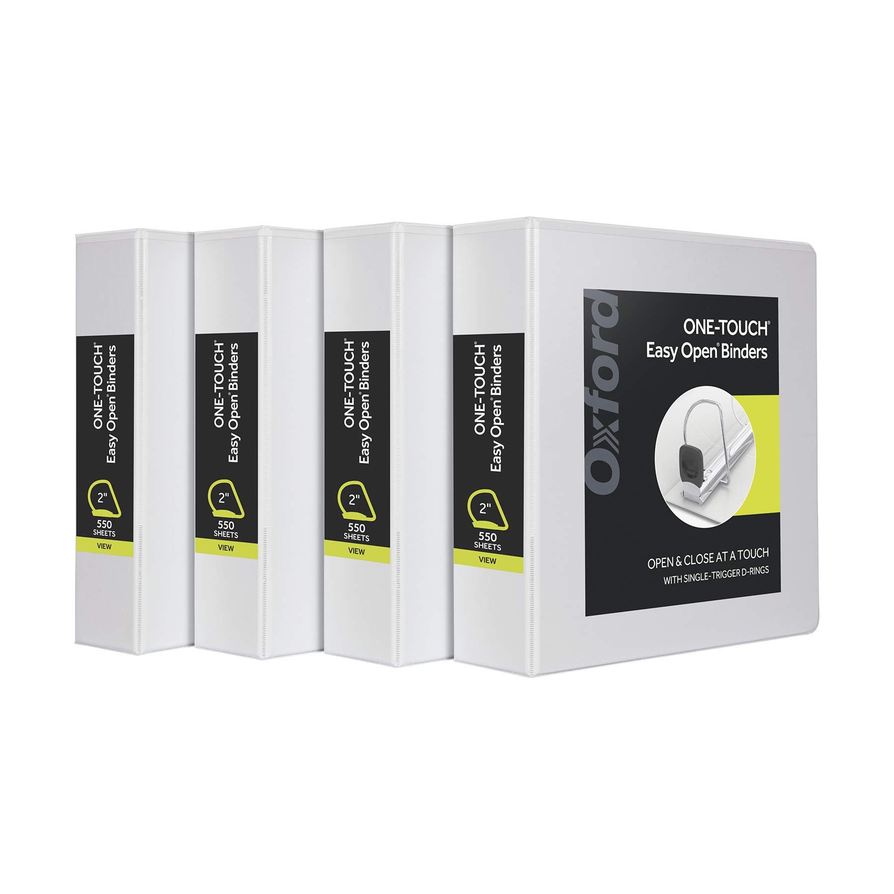 Oxford 3 Ring Binders, Binders for School and Office, 2 Inch ONE-Touch Easy Open D Rings, 3-Sided View Binder Covers, Xtralife Hinge, Non-Stick, PVC-Free, White, 530-She
