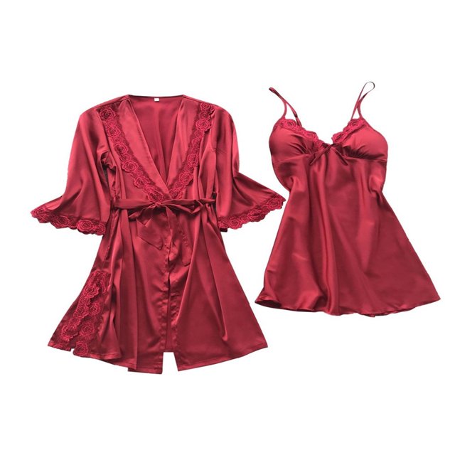 Ensemble de Lingerie en Satin de Soie 3 Pcs pour Femmes Peignoir et Robe et String Nuisette Ensembles Vêtements de Nuit Pyjamas
