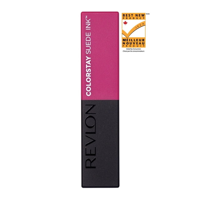 Revlon ColorStay Suede Ink Lightweight Matte Lipstick with Vitamin E in a rectangular tube with a matte magenta cap and black base, featuring white and black branding text and a 2024 Best New Product award badge. This longwear lipstick delivers vivid matte lip colour with a no-transfer formula ideal for all-day wear.