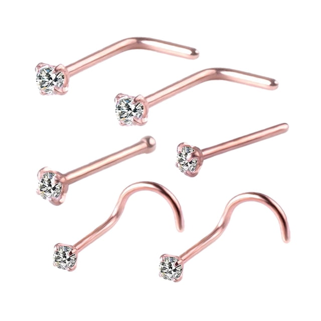 6Pcs Tiny Bone Studs Nose Piercing Jewelry Stainless Steel Nose Screws Rings Set Rose Gold