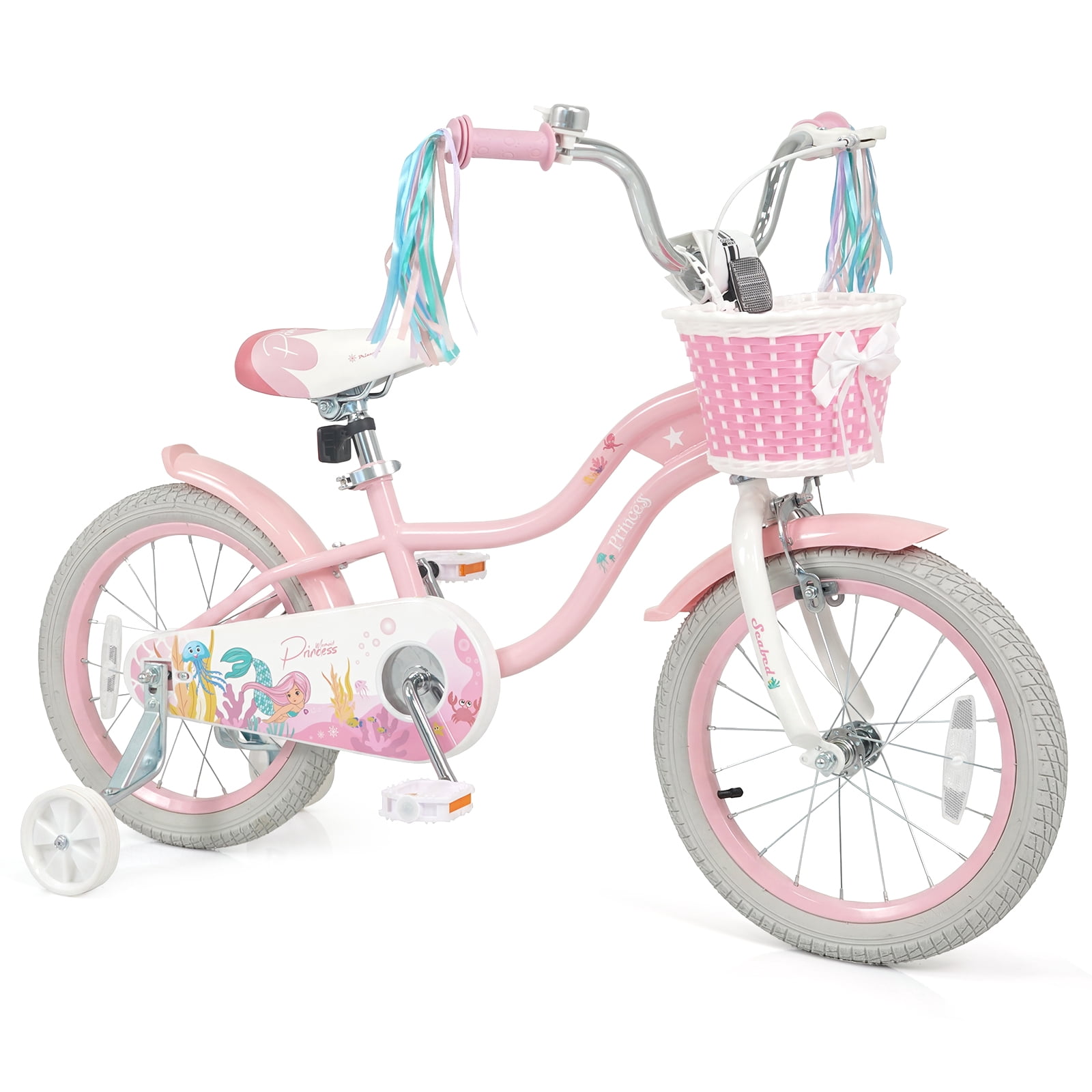 Costway 16" Kids Bike with Training Wheels Hand Coaster Brakes Adjustable Seat Handlebar Pink