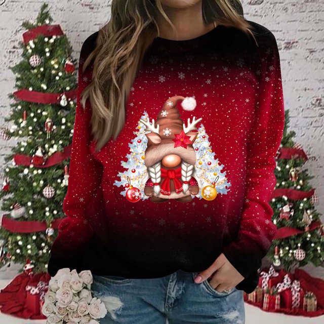 EGNMCR Noël Sweatshirt Blouse à Col Rond pour Femmes Mode Décontractée Manches Longues Imprimé de Noël Sweatshirt
