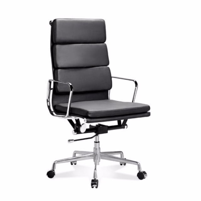 Nicer Furniture Genuine Leather Soft Pad Office Executive High Back Chair in black with segmented padded cushions, polished aluminum armrests and five-star base with caster wheels, featuring tilt-swivel mechanism and seat-height adjustment for ergonomic office seating, also suitable for home office use.