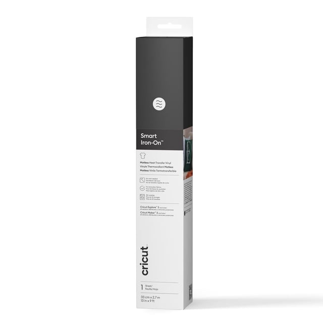 Cricut® Smart Iron-On™ Rouleau de Vinyle Thermocollant Noir mat 13 Po x 9 Pieds en Emballage Rectangulaire, Conçu pour une Utilisation Sans Tapis de machine et compatible avec Cricut Explore et les machines de Découpe Maker, Idéal pour Fabriquer des Vêtements et Accessoires Personnalisés.