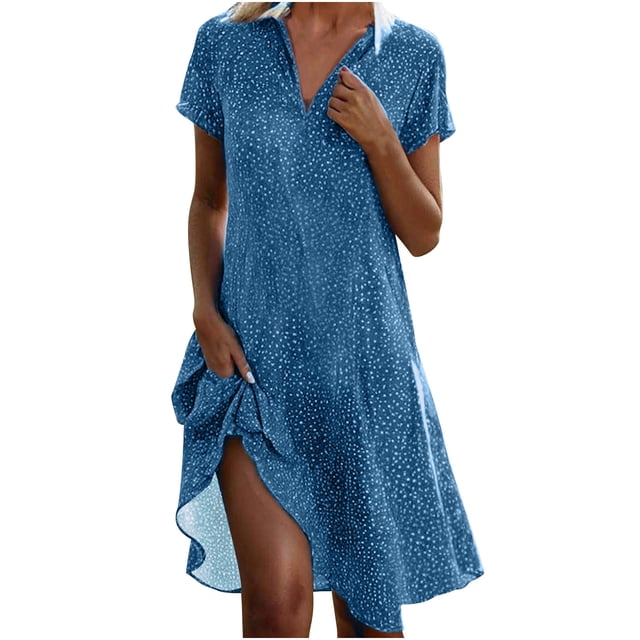 LOVZFMLL Robe à Pois pour Femme, Nouvelle Collection Printemps/été, Col à Manches Courtes, Longueur Genou, Bleu, 2TG