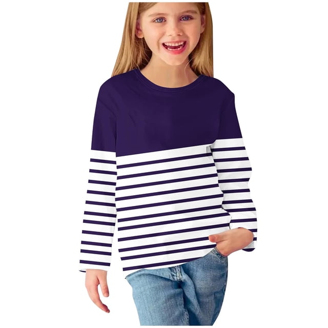 MeetoTime Chemises à Manches Longues pour Filles, Col Rond Rayé Imprimé, Blouses Décontractées et Élégantes, Chandail pour Enfants 3-14 Ans