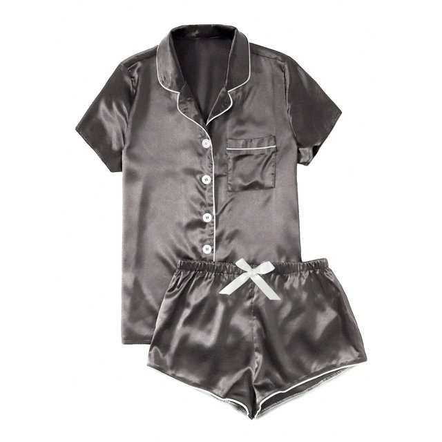 Ensemble de Pyjama Décontracté en Satin pour Femmes avec Boutons (Noir, G)
