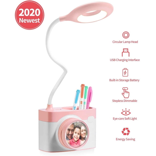 Lampe de bureau pour enfants, Lampe de lecture Friendly avec Porte-Style, Lampe de table rechargeable USB, Lampe de chevet à Intensité Réglable avec capteur tactile