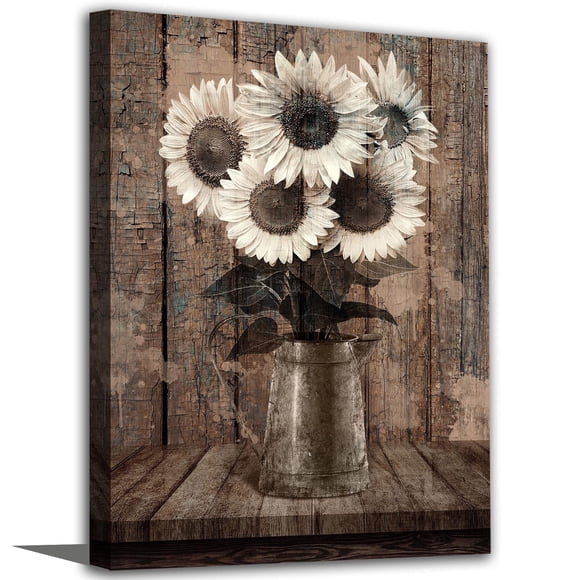 Rustic Sunflowers Canvas Wall Art Farmhouse Flowers Pictures for Bedroom Bathroom Wall Decor Vintage Sunflower Canvas Painting Old Retro Floral Canvas Prints for Home Office Wall Decoration 12" x 16"