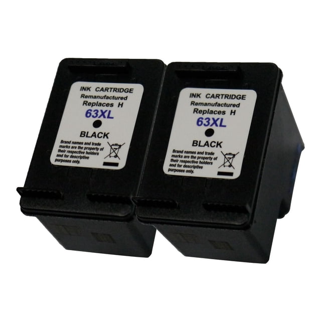 L-ink 2 Pack Compatible HP 63XL High Yield Black Ink Cartridge (F6U64AN) showing two remanufactured black ink cartridges with white labels stating 'Replaces H 63XL Black', compatible with HP DeskJet and OfficeJet printers, certified ISO14001 and ISO9001, delivering clear, crisp print quality and 480 page yield for economical printing.