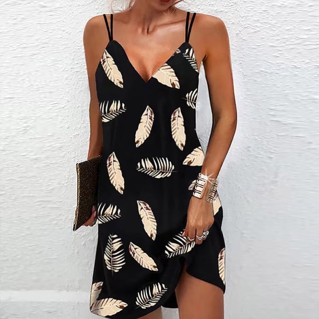 drppepioner Robe d'Été pour Femme Sans Traces à Col en V Imprimée à Double Bretelles Jupe à Bretelles pour Femme. Cette Robe Décontractée Présente une base Noire avec un Imprimé Plume, un Col en V et des Bretelles Doubles. le design Enveloppant les Hanches et l'Ourlet Irrégulier Ajoutent une Touche Stylée, Convient au Port Quotidien Polyvalent Ou aux Fêtes. Fabriquée en polyester, Elle Est Légère et Confortable pour Toutes les Saisons.