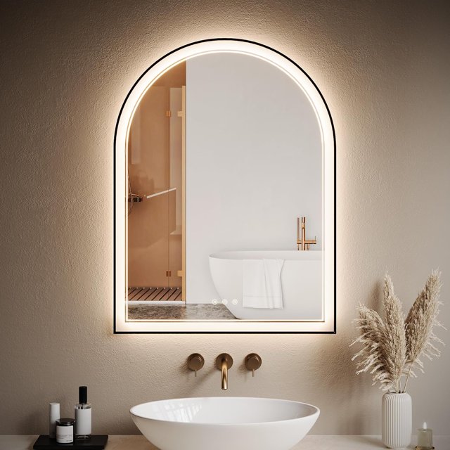Bingirl 36x24 Inch Arched LED Bathroom Mirror: Black, Anti-Fog, Frontlit and Backlit Dimmable, 3 Color Temperature, Hanging or Leaning