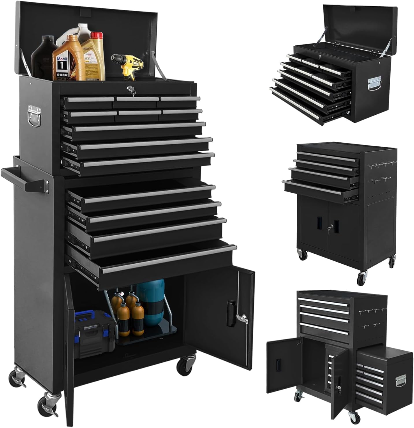 13-Drawer Rolling Tool Chest with Double Doors, 2 in 1 Detachable Rolling Tool Chest Combo, Mobile Tool Cabinet with Drawers, Metal Large Lockable Tool Box for Garage Workshop (Black)