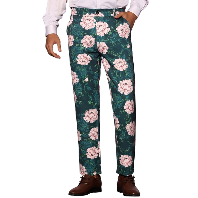 INSPIRE CHIC Pantalon Habillé à Fleurs pour Homme, devant Plat, Fête, Bal, Imprimé Floral, 38 Vert Rose