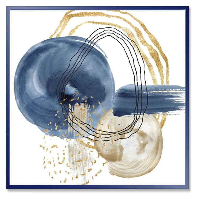 Designart Abstract Dark Blue Gold & Black Underwater Life FLOAT FRAME WALL ART showing layered dark blue and beige circular brush strokes with gold textured accents and black contour lines, printed on premium cotton canvas stretched over a 1-inch wood sub frame inside a dark blue floating frame, arriving ready to hang and ideal for modern home décor.