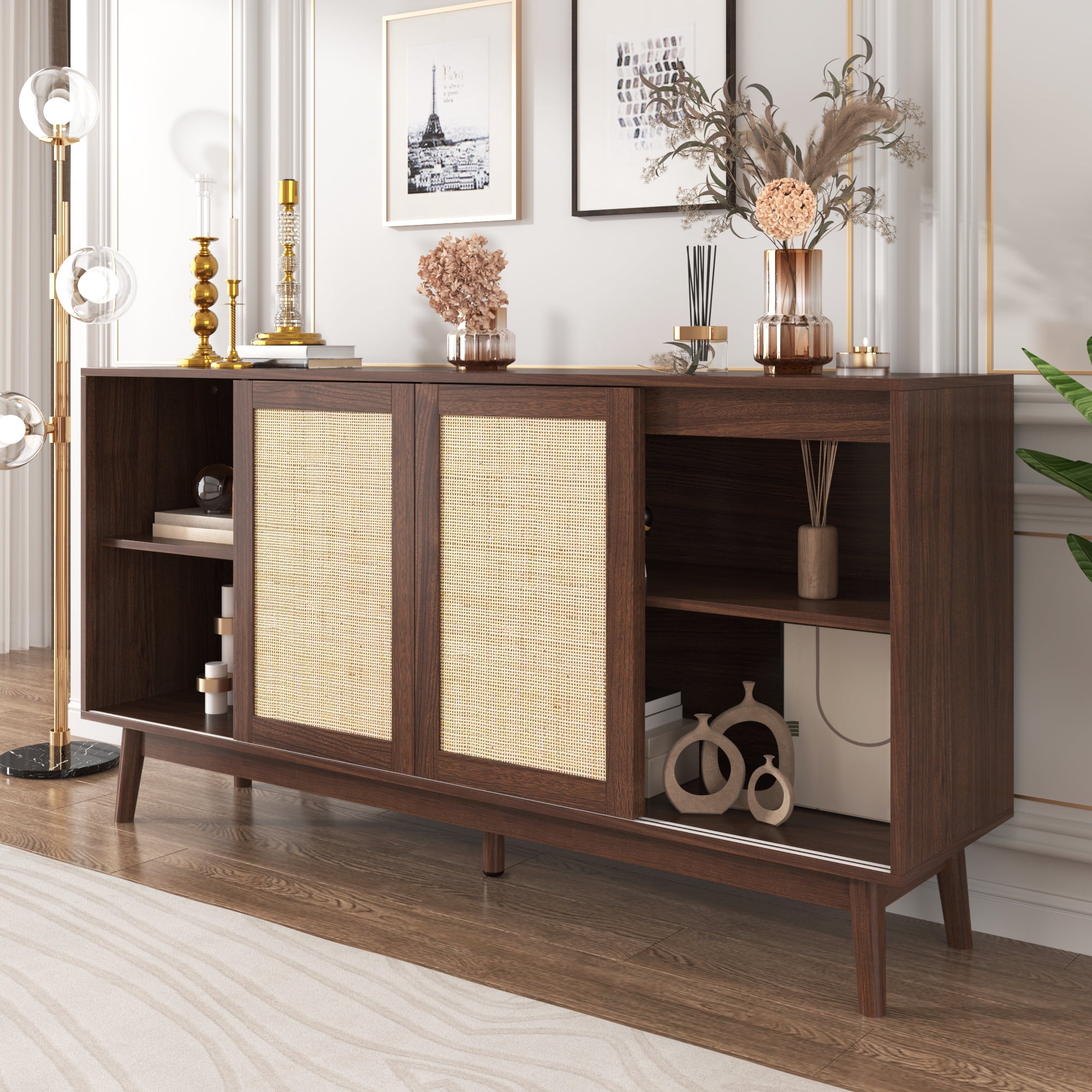 Noble House Buffet 61 Pouces avec Portes Coulissantes en Rotin Véritable et 2 Tiroirs, Armoire de Rangement Respirante et Robuste, Bois de Noyer