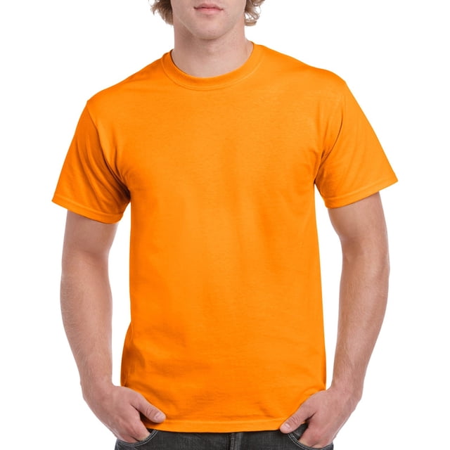 Gildan Mens Heavy Cotton T-Shirt in Tennessee Orange, size M. This men's t-shirt is made of 100% preshrunk cotton, featuring a seamless ribbed neck, taped shoulder-to-shoulder design, and durable double-needle stitching throughout. Suitable for casual wear.