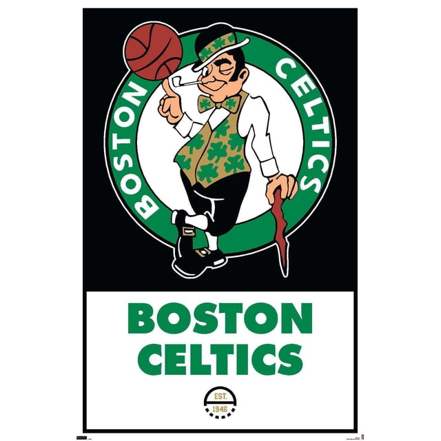NBA Boston Celtics - Logo 21 Wall Poster, 22.375" x 34" featuring the Boston Celtics logo with a leprechaun wearing a green shamrock vest and bow tie spinning a basketball on his finger inside a green circle with 'Boston Celtics' text, and bold green 'BOSTON CELTICS' lettering below on a white glossy poster, suitable for sports fan room or dorm wall decor.