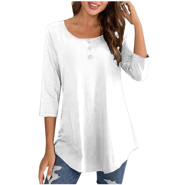 FAIWAD Oversized Tshirts for Women 3/4 Sleeve Button Decor Tops Cute Round Neck Basic Business Tees Blouses