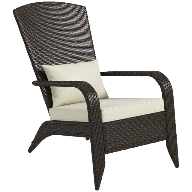 Outsunny Rattan Adirondack Chair Wicker Fire Pit Chair w/ Cushion Khaki. This outdoor chair features a deep brown PE rattan wicker frame with a tall, curved backrest, wide armrests, and a khaki-coloured padded seat and back cushion. Made with a rust-resistant steel frame, it is designed for durability in all weather conditions. Ideal for patios, porches, or poolside settings, the chair offers a comfortable lounging experience with ample seat space and supportive cushioning. Dimensions: 25.6 inches wide, 31.5 inches deep, and 30.3 inches high.