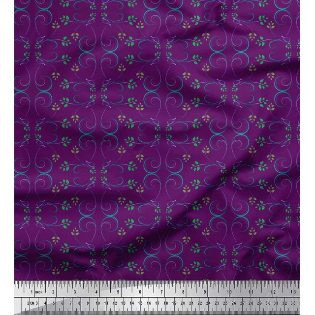 Soimoi Purple Poly Georgette Fabric Leaves & Filigree Damask Decor Fabric Printed Yard 52 Inch Wide
